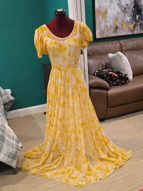 Vintage Betsey Johnson Yellow Floral Tiered Maxi Dress with Puff Sleeves, Size 4